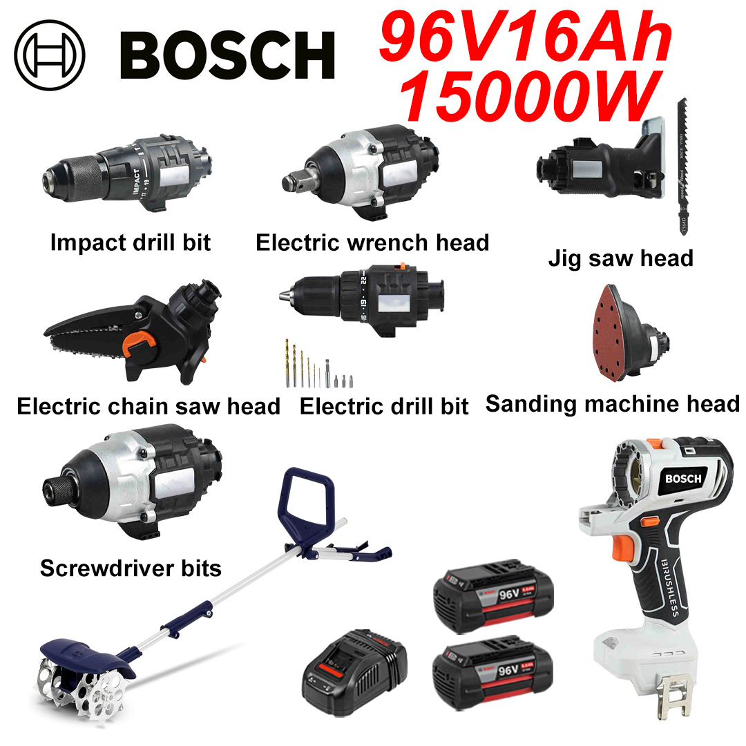 Brushless motor*1+tillage machine*1+electric drill*1+wrench head*1+electric impact drill*1+electric chain saw head*1+screwdriver head*1+sanding machine head*1+curve saw head*1+batteries*2+charger*1